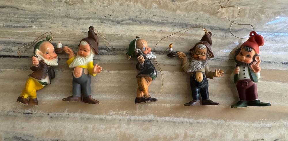 Vintage Handpainted Elf and Gnome Christmas Ornaments, Set of 5, Made in Macau